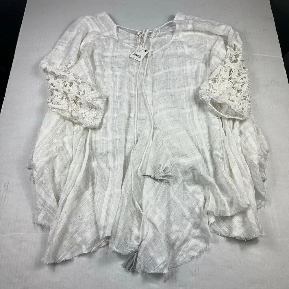 Free People Shores Mini Dress Tunic Shirt Ivory Boho 3/4 Sleeve Pullover XS NEW